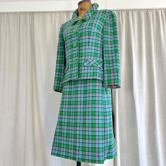 Vintage 60s Wool Green Checkered Pencil Skirt Suit Set Mod Academia Secretary